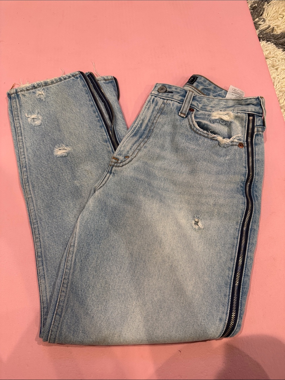 Abercrombie & Fitch Light Blue Distressed Straight Jeans with Side Zip